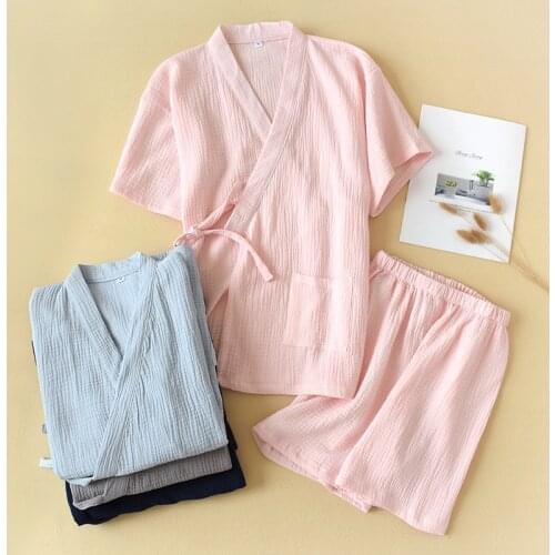 Summer Cotton Crepe Pajamas Womens Short-Sleeved Shorts Pyjamas Women V-Neck Kimono Pijamas Thin Sleepwear 2 Piece Home Clothes