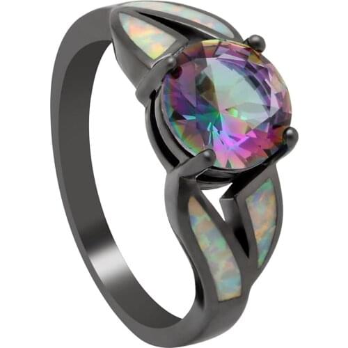 Fashion Black Gun Filled Rainbow Cubic Zirconia Fire Opal Rings For Women Hot Sale Jewelry Unique Party Cocktail Engagement Ring