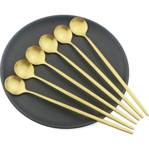 6Pcs Gold Long Handle Spoon Set Matte Stainless Steel Cutlery Set Polished Stirring Drink Ice Cream Dessert Tea Spoon Dinnerware