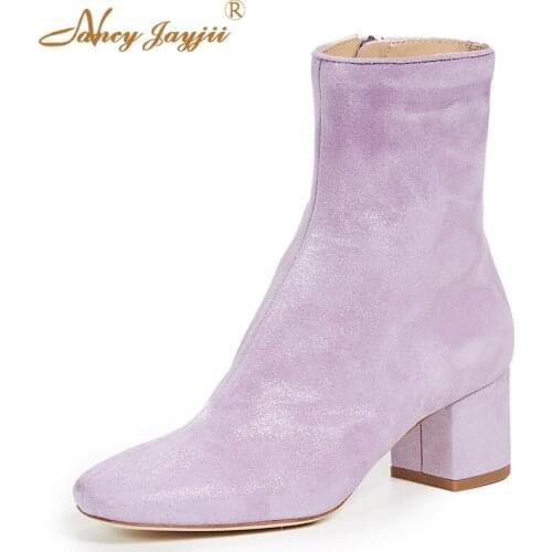 Ankle Boots Red Purple Patent Leather 2019 Spring Ladies Round Toe Square Heel Solid Short Plush Shoes Woman Zipper Fashion 38