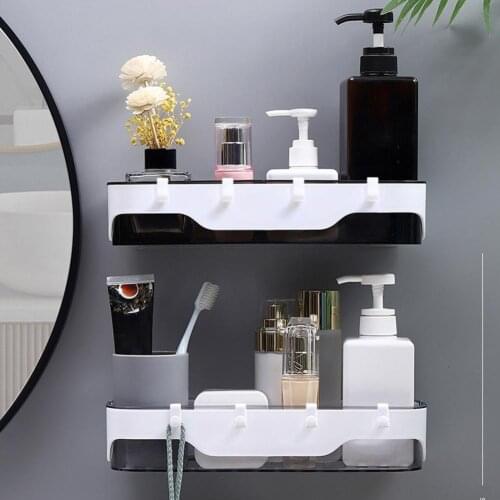 Wall-mounted Storage Rack Bathroom Shelf For Kitchen With Hooks Storage Bathroom Accessories Without Drill Plastic Container