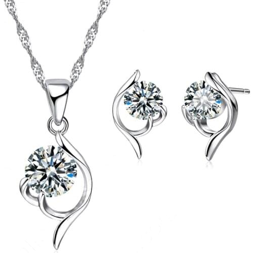Latest Shinning Woman Gift 925 Sterling Silver Jewelry CZ Pendant Necklace Earring Lady Wedding Engagement Set With Box