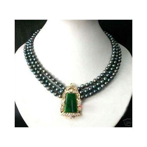 Wholesales Jewelry Womens jewelry 7-8mm white freshwater Pearl Necklace Green stone Pendant Free gift