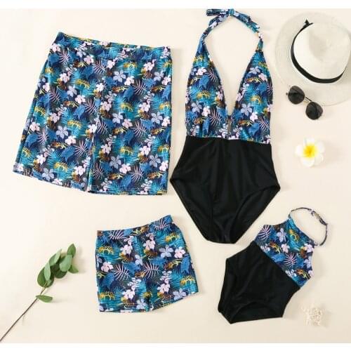 Family Parents And Kids Swimsuit Blue Print Floral Halter Lace-up Sexy Monokini One Piece Bikini Couple Girls Swimwear Bodysuit