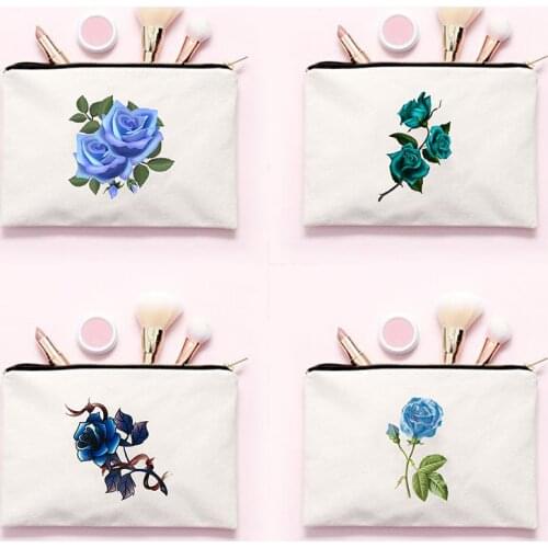 Blue Rose Flowers Print Cosmetic Case Women Makeup Bags Ladies Storage Bags for Travel Toiletries Organizer Pouch Female Clutch