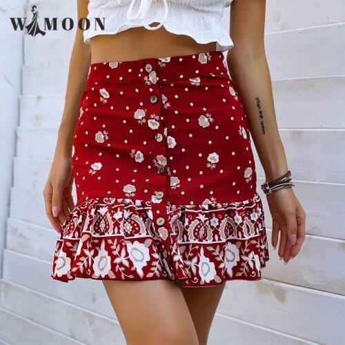 2021 Summer New Print Red Trumpet / Mermaid Button Above Knee Elegance Skirts for Women Fashion Clothing