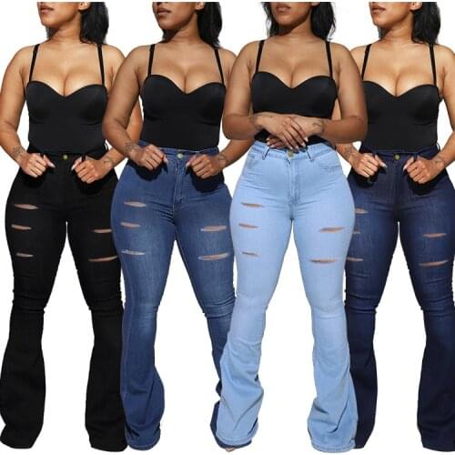 FNOCE 2020 autumn new womens ripped jeans pants street fashion solid high waist tight stretch slim hole denim Wide Leg Pants