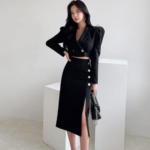 Temperament New Womens 2 Pieces Suits Elegant Short Jacket Coat + Fashion Single-Breasted Split Bag Hip Skirt Simple Set