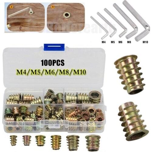 100PCS M4/M5/M6M8/M10 Zinc Alloy Thread For Wood Insert Nut Flanged Hex Drive Head Furniture Nuts + 5PC Hexagonal Wrench
