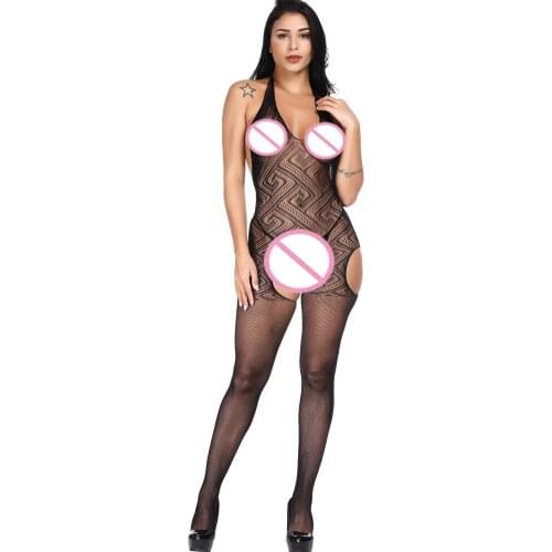 2019 HOT Sexy Lingerie Bodystocking Women Sexy Halter Fishnet Bodysuit Open Crotch Bodystocking Babydolls Chemises Crotchless