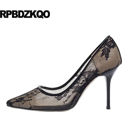 3 Inch New Pumps Thin Ladies Mid Heels Shoes High Scarpin Chic Luxury Lace 2021 Women Pointed Toe Black Size 4 34 Quality Mesh