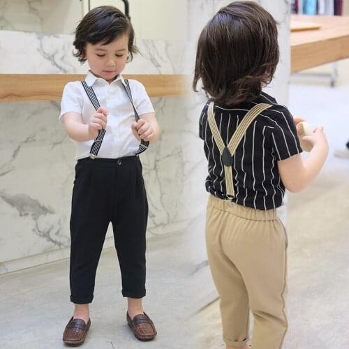 2-8 Y Toddler Kids Clothing Sets Fashion Spring Summer New Boys Performance Suit Lapel Striped Tops Suspender Pants 3pcs For Boy
