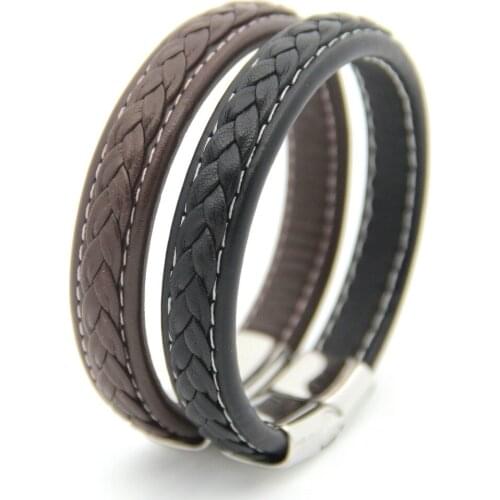 316L Stainless Steel Bracelets Bangles Men Gift Black Genuine Leather Mens Bracelets Knitted Magnetic Clasp Fashion Jewelry