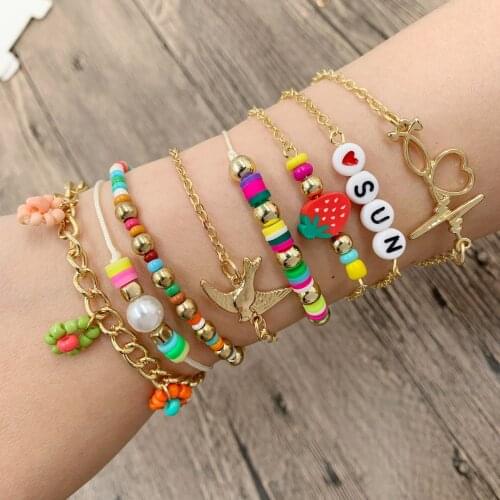 Dvacaman Bohemian Handmade Seed Beads Bracelet Set for Women Trendy Cute Flower Strawberry Soft Pottery Rope Chain Bracelet Gift