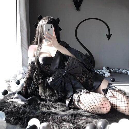 Sexy Lingerie Diablo Black Japanese Kimono Cosplay Outfit Style Robe Temptation Costumes Pajamas Soft Silk Belt Set For Women