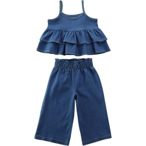 2PCS Toddler Baby Girl Denim Clothes Sets 1-6Y Ruffle Sleeveless Tops Long Jeans Pants Outfits