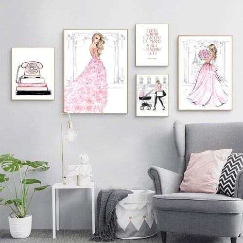 Fashion Art Poster Pink Girls Shopping Dresses Canvas Print Wall Painting Mall Clothing Store Room Decoration Creative Picture