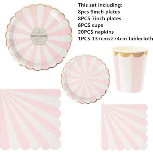 45pcs per set Wedding disposable Pink foil gold Scallop Paper Plates and paper napkin cups tablecover for party/baby shower