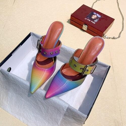 New Pointed Slippers Women Rainbow-colored Button-down Sandals Sandals Womens Slope Heel Sandals