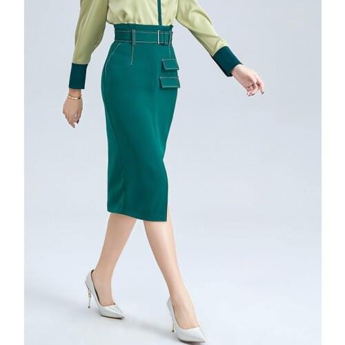 2021 Spring New Womens Clothing Contrast Color Asymmetric Mid-Length Skirt Straight Patchwork Skirt (with Belt)