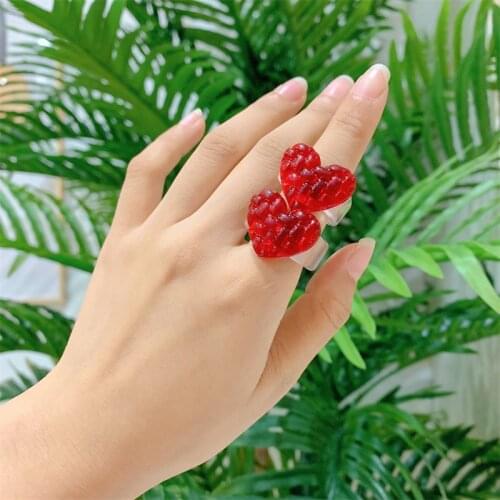 New Korean Harajuku Red Love Transparent Resin Acrylic Weave Heart Finger Rings For Women Girl Aesthetic Party Jewelry