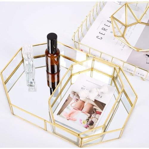 Nordic Retro Storage Tray Gold Rectangle Glass Makeup Organizer Tray Dessert Plate Jewelry Display Photo Studio Background Props