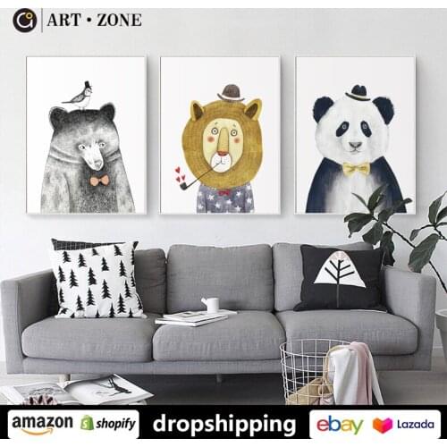 Cartoon Cute lion panda posters nursery wall art decor Canvas prints Kids room decor for boys girls birthday decorations