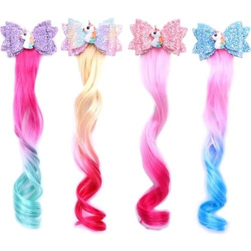 Lovely Hair Accessories Unicorn Hair Clips For Girls Rainbow Glitter Wings Hair Bows Princess Kids Long Wig Hairpins For Hair