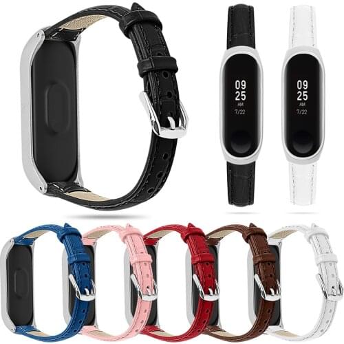 Crocodile Pattern Genuine Leather Watch Band With Frame For Xiaomi Mi Band 5 Wrist Band Fashion Leather Replacement Strap