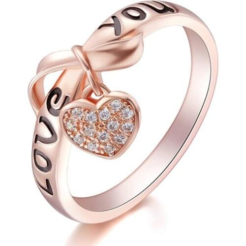 Luxury Heart Shape Bow Engraved "love You" Letters Rings for Women Austrian Crystal Ring Wedding Jewelry Valentines Day Gift