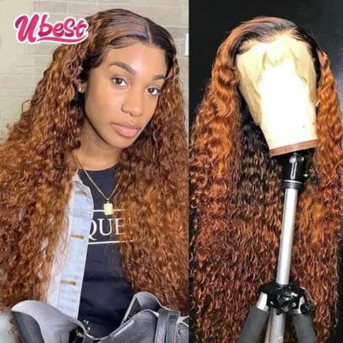 Ubest 1B Ginger Orange Colored Lace Frontal Wigs Water Wave Lace Front Wig Brazilian Curly Human Hair Wigs for Women Transparent