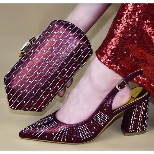Wine Color Italian Shoes with Matching Bag Set Decorated with Rhinestone Shoes and Bag Set African Sets 2018 Nigerian Women Shoe