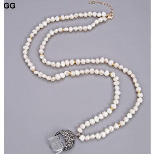 GuaiGuai Jewelry 37" Cultured White Baroque Pearl Necklace Clear Quartzs Buddha Pendant