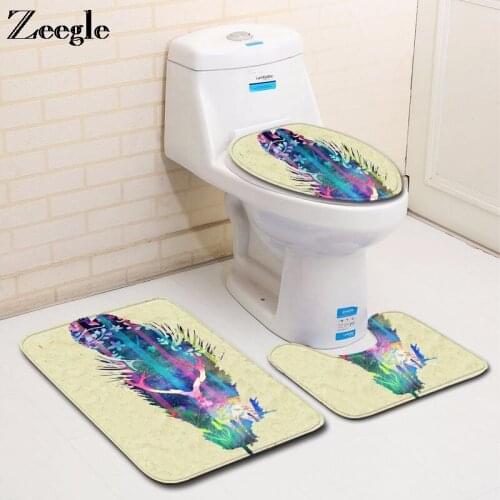 Zeegle 3Pcs Bathroom Mat Set Creative Animal Flannel Anti Slip Bath Mat Lid Toilet Cover Mat Home Decoration Bathroom Toilet Set