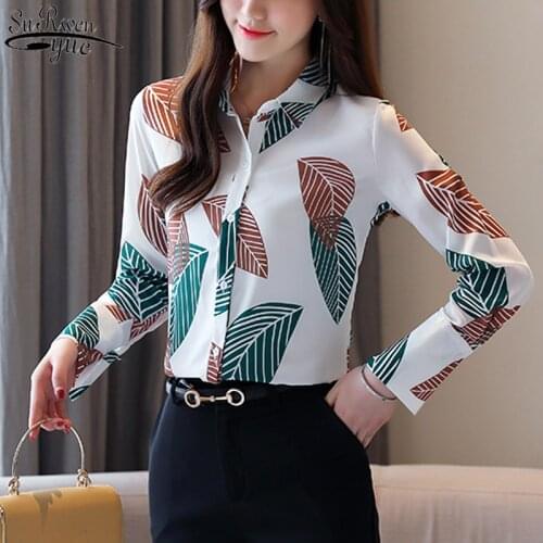 2021 Long Sleeve Print Chiffon Shirt Women Korean New Loose Office Lady Blouse Women Tops and Blouses Blusas Mujer De Moda 10617