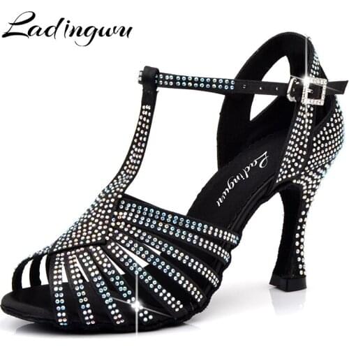 Ladingwu NEW Ballroom Dance Shoes Glitter Small Austrian Drill Latin Dance Shoes for Women Black Satin Salsa Dancing Shoes