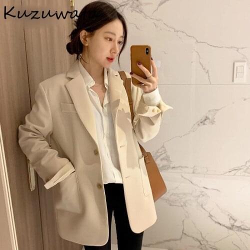 Style WorK Kuzuwa Ol Solid Blazer Women Turn Down Collar Long Sleeve Single Breast Coat Femme Spring 2021 New Outwear Coat
