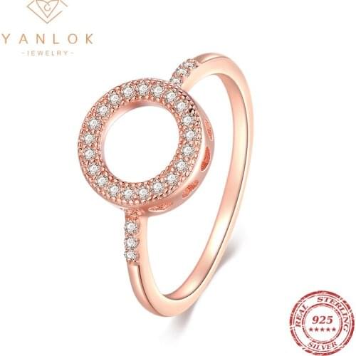 YANLOK Authentic 925 Sterling Silver Round Circle Shiny Clear CZ Finger Rings For Women Rose Gold Color Fine Jewelry Anel