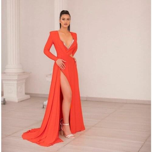 Sexy Long Orange Mermaid Chiffon V-Neck Evening Dresses with Slit Floor Length Zipper Back Beaded Formal Party Dress for Women
