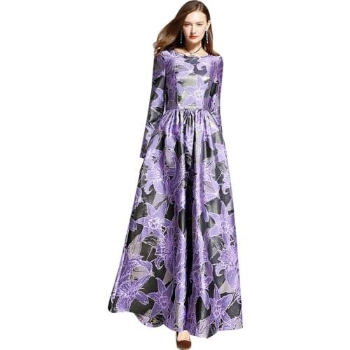 Spring Vintage Jacquard Runway Dress Women Long Sleeve Evening Full Length Ankle-Length Gorgeous Floral Long Dress