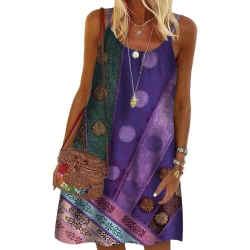 80% Hot Sales!! Retro Women Sling Dress Spaghetti Straps Printed Bohemian Loose Mini Dress Streetwear for Beach
