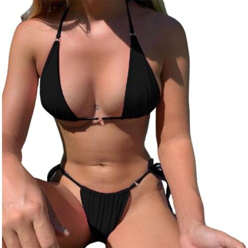 Bikini 2021 Solid Color/Printed Bandage Two Pieces Set Triangle Cup Halter Bra Briefs Thong Swimsuit for Summer Beach wear