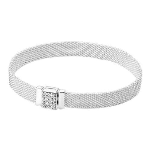 925 Sterling Silver Bracelet Reflexions Pave Clasp Mesh Bracelet Bangle Fit Women Bead Charm Diy pandora Jewelry