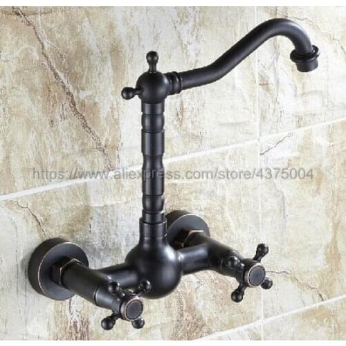 Black Oil Rubbed Brass Wall Mounted Bathroom Sink Faucet Swivel Spout Bathtub Mixer Dual Cross Handles Nnf265