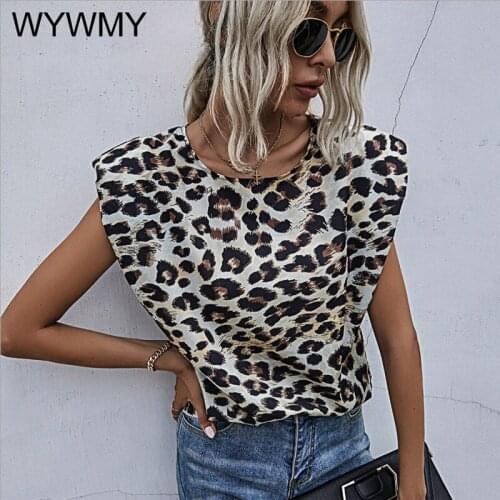 WYWMY Elegant Leopard Shoulder Padded Women Blouses Loose Vest O-Neck Spring Summer 2021 New O Neck Comfortable Tops Women Tees