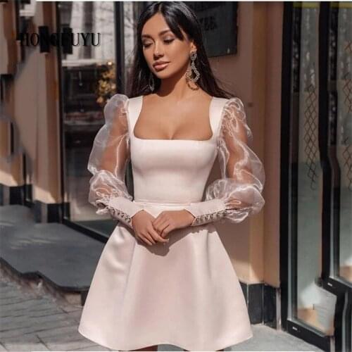 HONGFUYU Mini Cocktail Party Dress Square Neckline Tulle Long Sleeve Prom Dress Sheath Homecoming Gown robes de cocktai