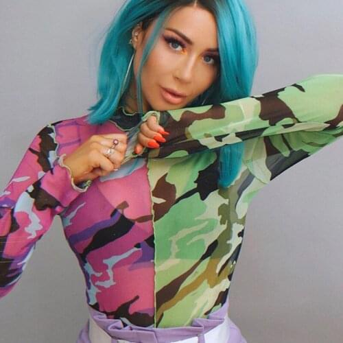 Echoine Camouflage T-shirt Women Perspective Contrasting Color Patchwork Tee Autumn Womens Long Sleeve Tight Elastic Tunic Tops