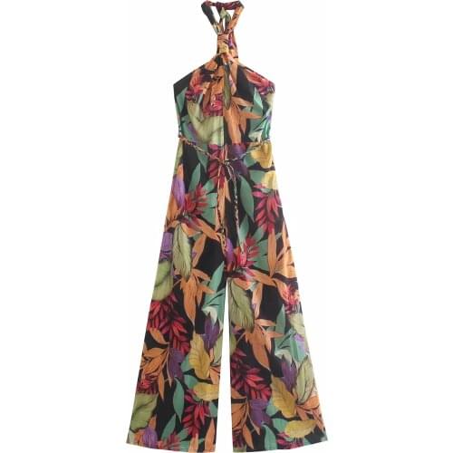 Za New Summer Women Print Sleeveless Halte High Waist Jumpsiut Romper Long Trousers Shirt Ladies Holiday Pants With Belt
