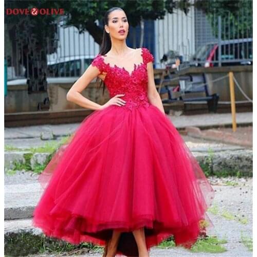 Red Lace Prom Dresses Floral 2020 Cap Sleeve Tulle Ball Gown Ankle Length Formal Evening Party Gowns Customize Plus Size