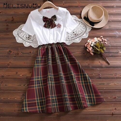 Japanese Preppy Style Summer Women Dress Peter Pan Collar With Bowknot Ruffles Plaid Dress Embroidery Cute Kawaii Girls Dress